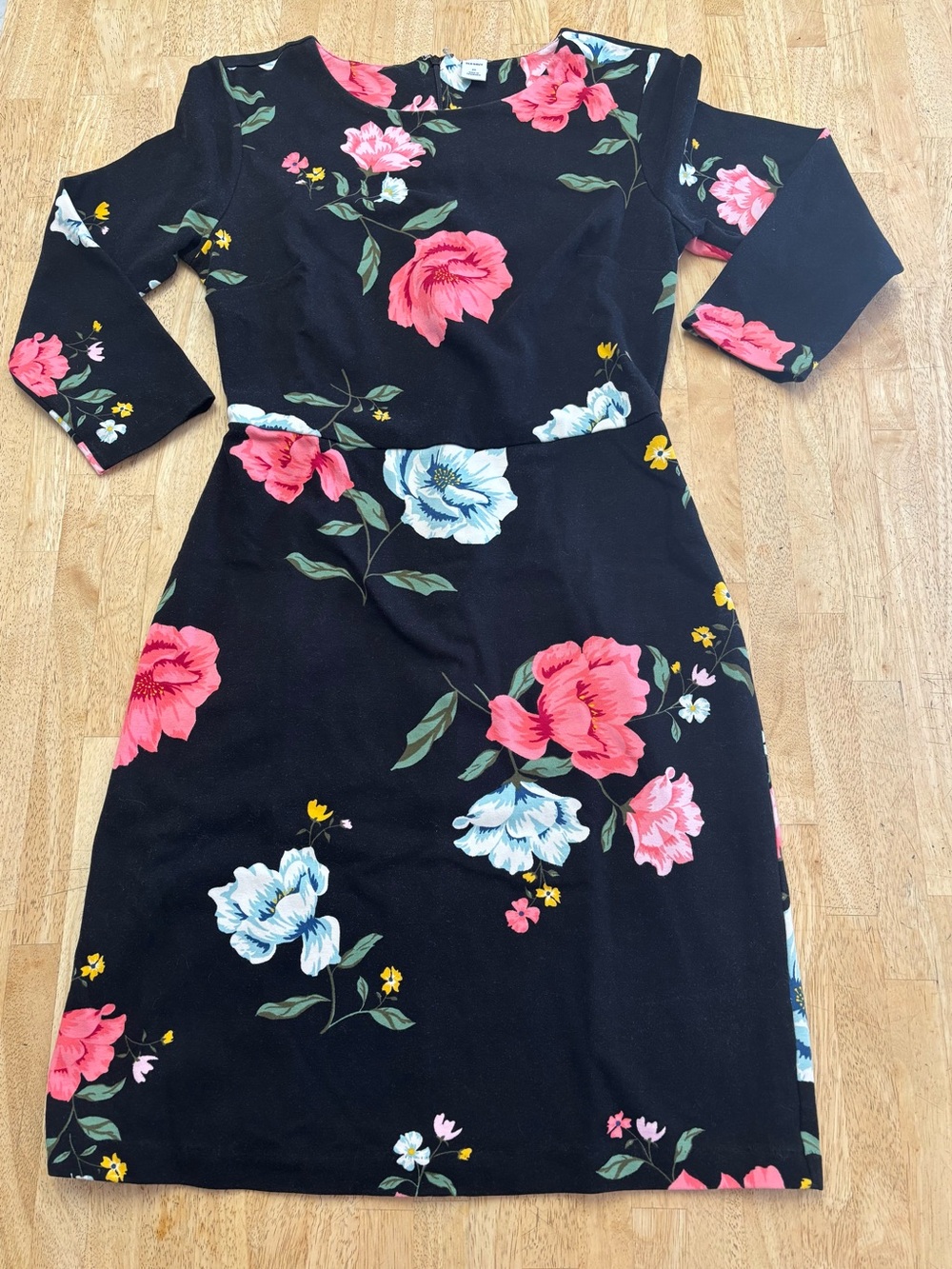 Old Navy Black Floral Midi Dress with Pink and Light Blue Blooms